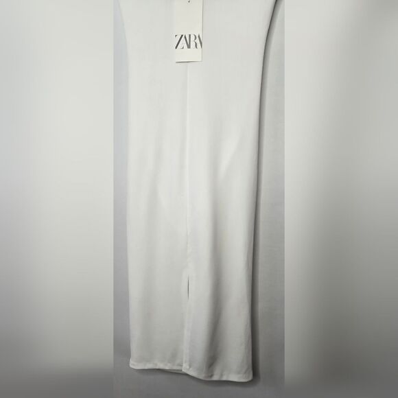 NWT Women's White Zara Padded Shoulder Midi Dress w/ Ruching V Back Size Small - Picture 8 of 10